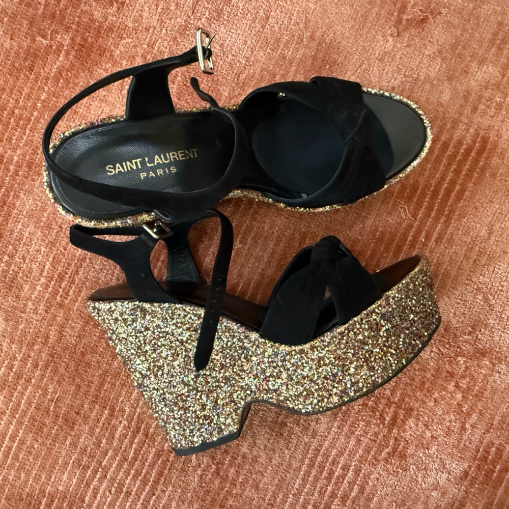 Saint Laurent Black and multicolored Glitter Platform Sandals